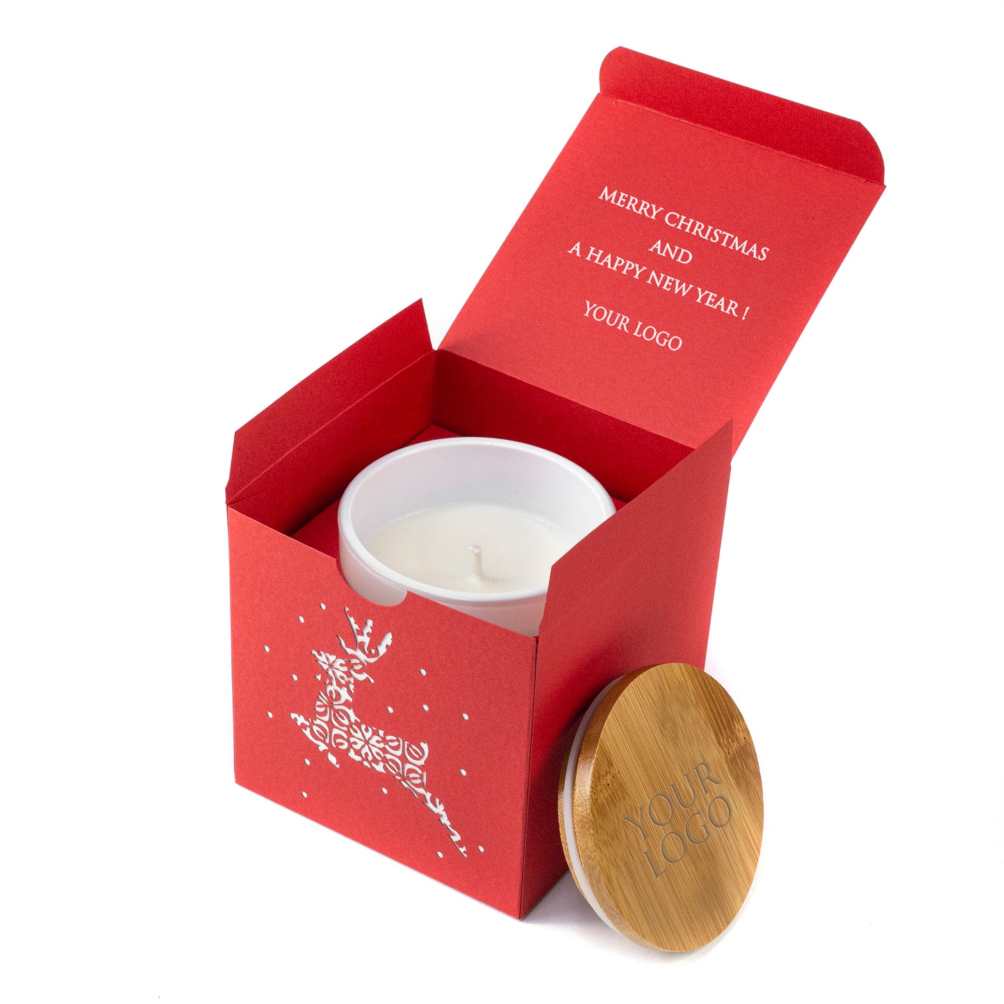 Corporate Gift With Laser Cut Raindeer Motif: Custom Soy Candle and Box