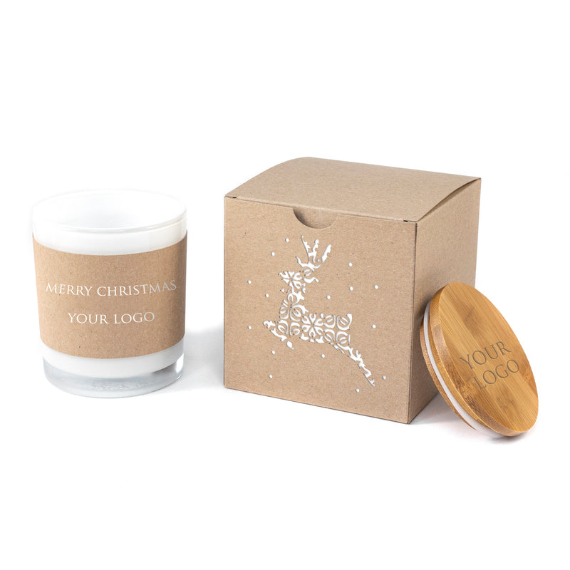 Corporate Gift With Laser Cut Raindeer Motif: Custom Soy Candle and Box